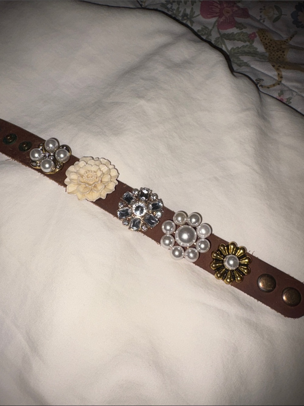 Plunder Brown Leather Bracelet with Floral Pearl & Metal Charms